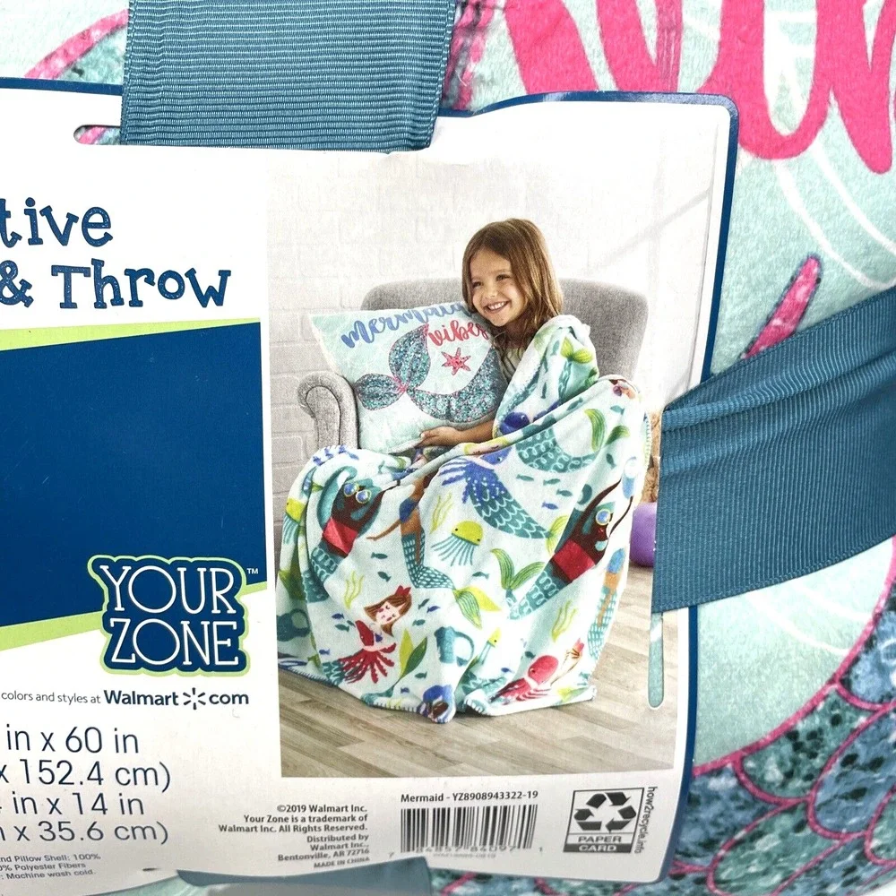 YOUR ZONE Matching Mermaid Pillow & Throw Blanket 50